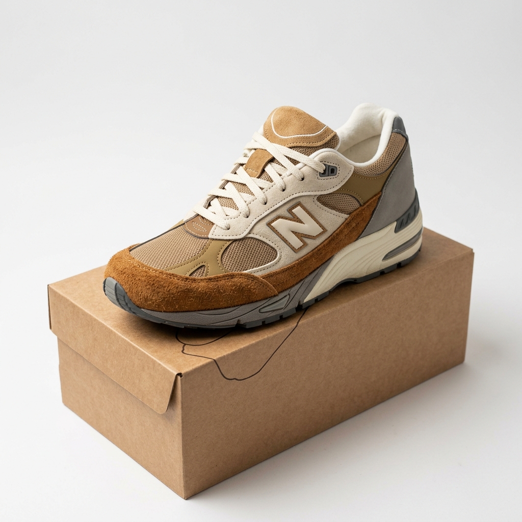 Premium brown sneaker on shoebox